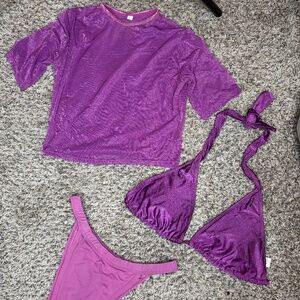 Purple 3-Piece Bikini Set – Triangle + Sheer Cover Top